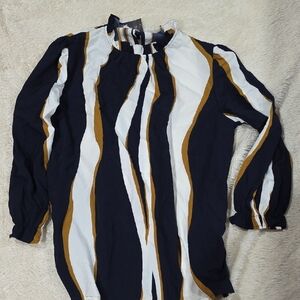 Elegant Navy, White, and Brown Woman Long Sleeve Shirt